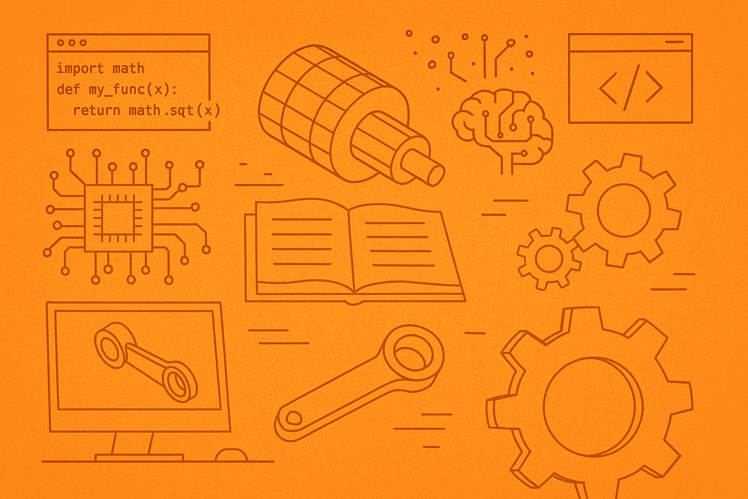 A stylized orange-themed illustration featuring a blend of technology and engineering concepts—including a computer screen with mechanical components, a microchip, gears, a circuit-integrated brain, code snippet, and technical books.